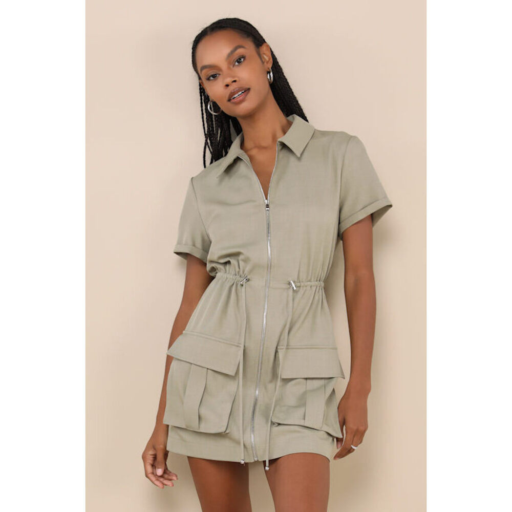 Lulus On-the-go Aura Olive Green Twill Cargo Mini Dress With Pockets - Size S